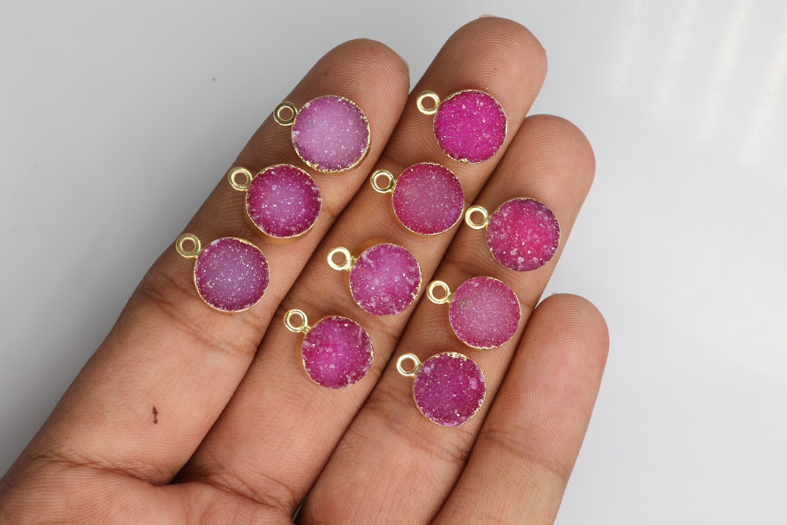 Round Cut Druzy Gemstone Connector, All Sizes, Necklace Pendant, Gold Electroplated Single & Double Bail , Custom Manufacturing Available - Meena Design