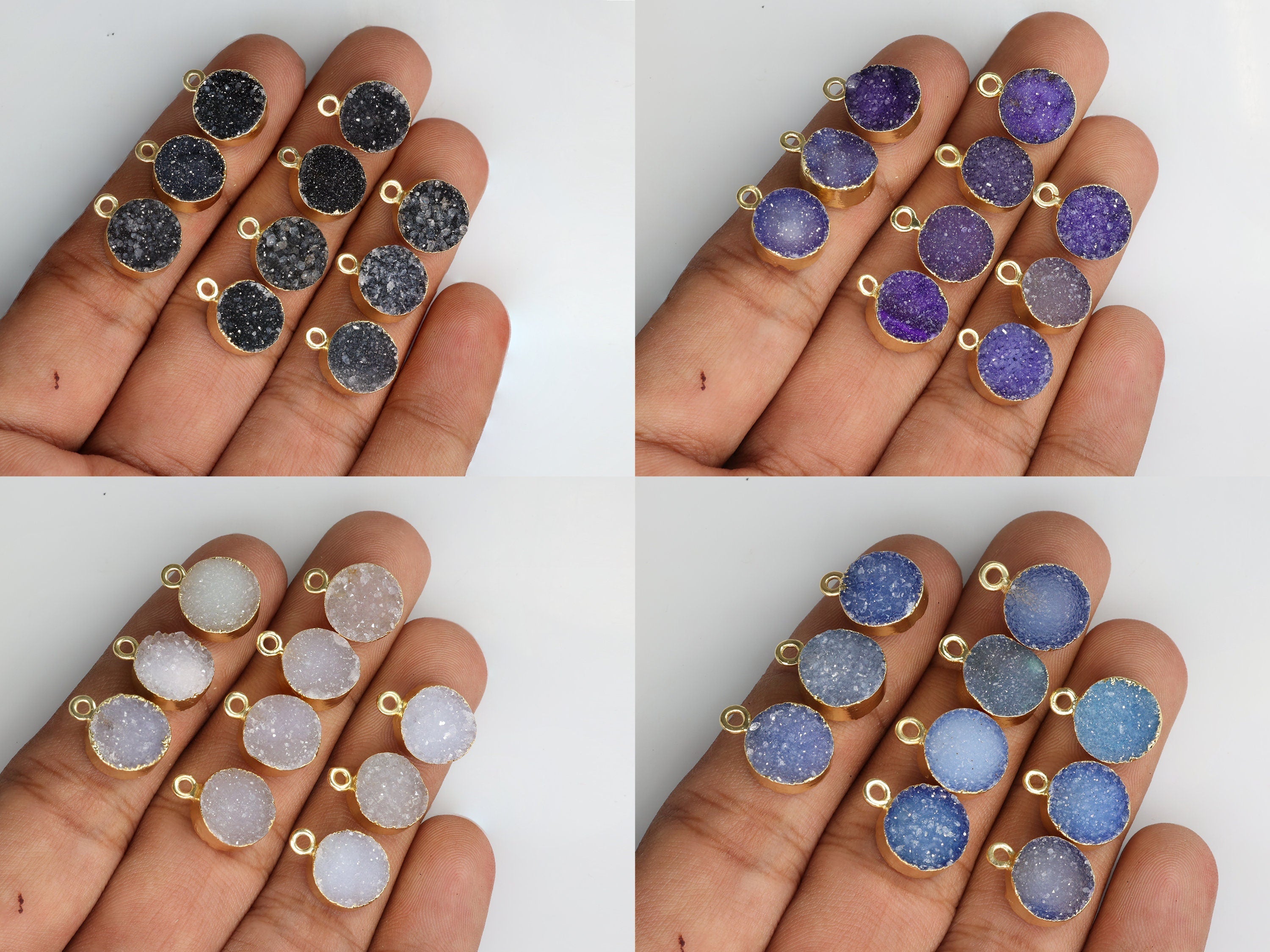 Round Cut Druzy Gemstone Connector, All Sizes, Necklace Pendant, Gold Electroplated Single & Double Bail , Custom Manufacturing Available - Meena Design