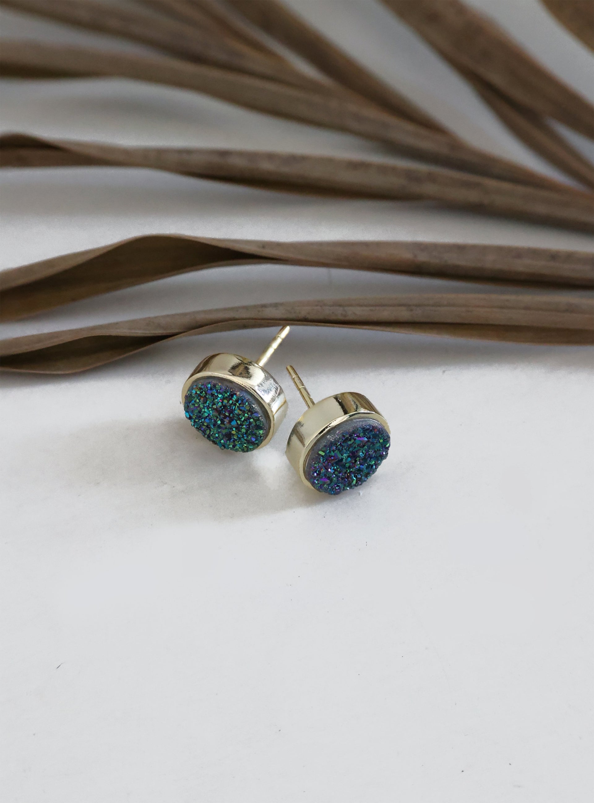 Studs Earrings Ear Post Natural Titanium Round Druzy 10 MM Silver