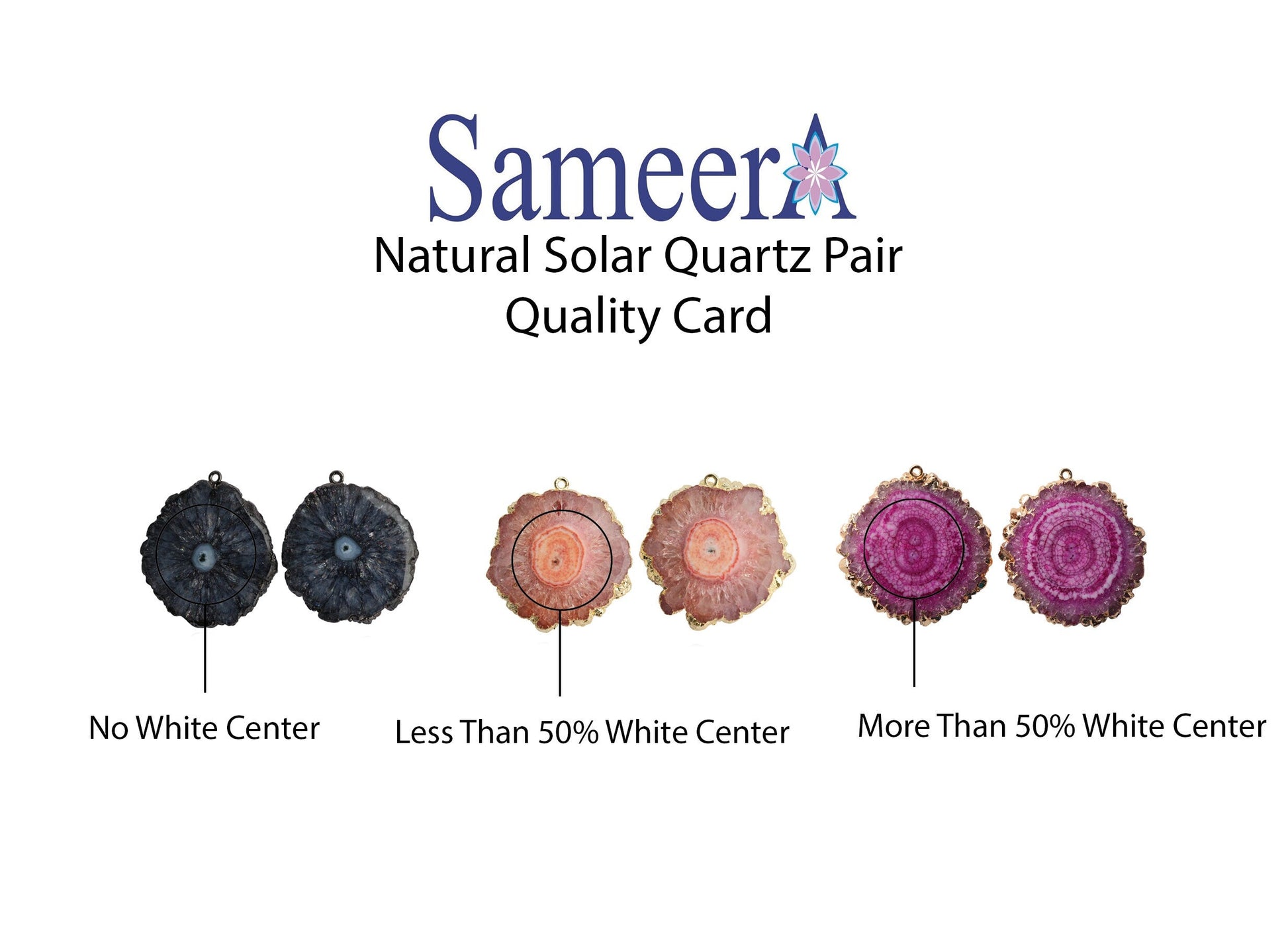 Unique Natural Solar Quartz Gemstone Earrings, White Centre with more than 50% Stone Coverage Handcrafted Beauty, Pairs, Gold Edged - Meena Design