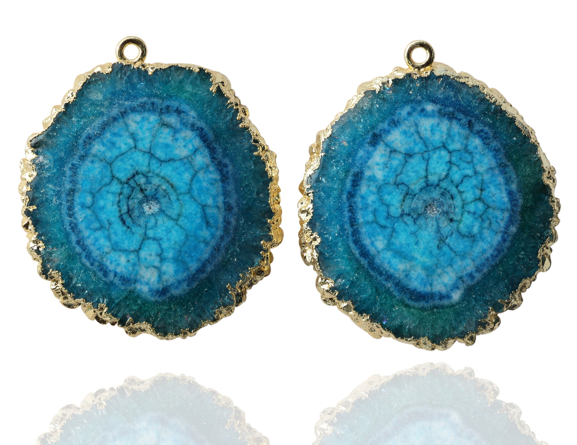 Unique Natural Solar Quartz Gemstone Earrings, White Centre with more than 50% Stone Coverage Handcrafted Beauty, Pairs, Gold Edged - Meena Design