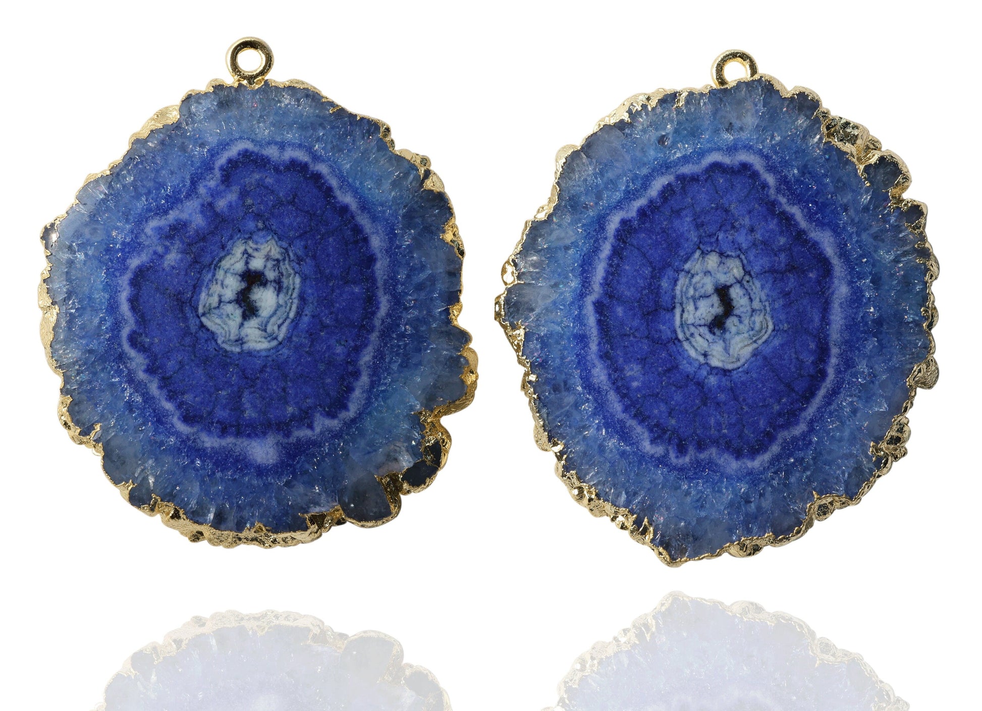 Unique Natural Solar Quartz Gemstone Earrings, White Centre with more than 50% Stone Coverage Handcrafted Beauty, Pairs, Gold Edged - Meena Design